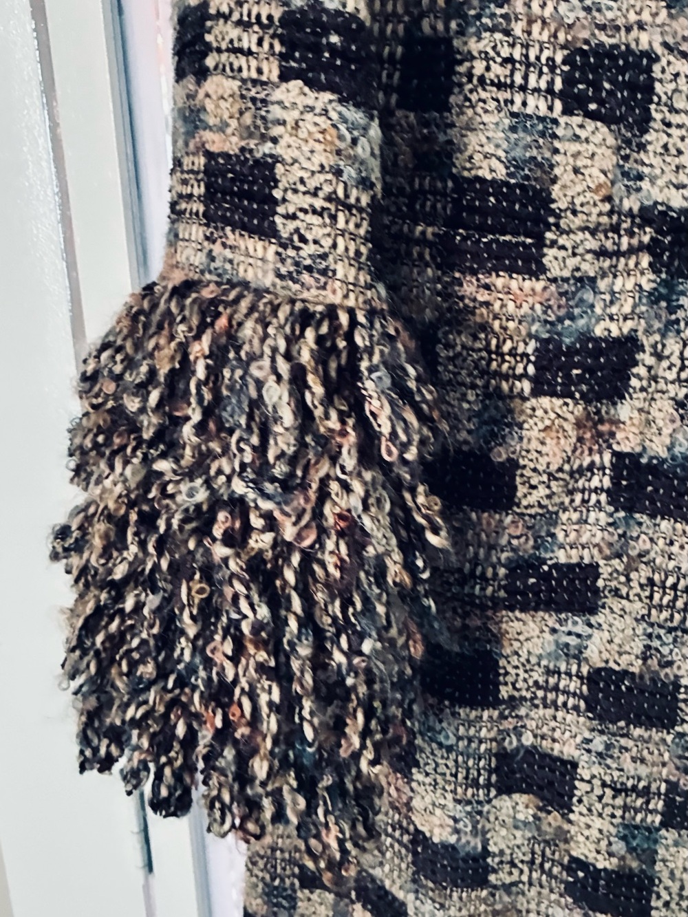 Escada Black and Cream Fringe-Trim Checkered Long Coat - Picture 3 of 8